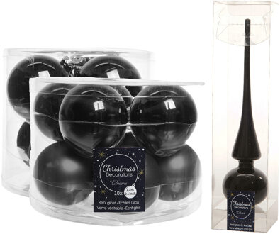 Decoris Glazen kerstballen pakket zwart glans/mat 32x stuks inclusief piek glans