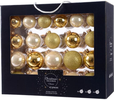 Decoris Goud/champagne kerstversiering kerstballen set 42 delig van glas Goudkleurig