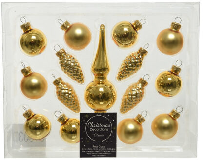 Decoris Gouden glazen kerstballen 3 cm en piek set voor mini kerstboom 15-dlg