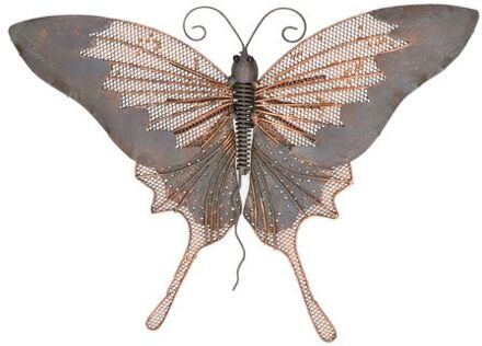 Decoris Grijs/goudbruine metalen tuindecoratie vlinder hangdecoratie 34 x 24 cm cm - Tuinbeelden
