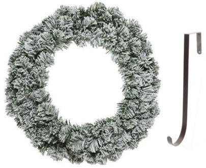 Decoris Groen/witte kerstkrans 40 cm Imperial kunstsneeuw met ijzeren hanger - Kerstkransen