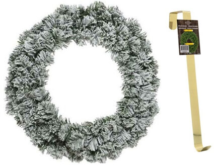 Decoris Groen/witte kerstkrans 40 cm Imperial met kunstsneeuw en met gouden hanger - Kerstkransen