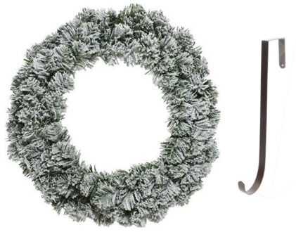 Decoris Groen/witte kerstkrans 60 cm Imperial kunstsneeuw met ijzeren hanger - Kerstkransen