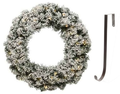 Decoris Groen/witte led kerstkrans 50 cm Imperial kunstsneeuw met ijzeren hanger