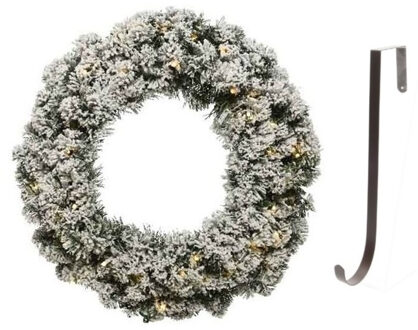 Decoris Groen/witte led kerstkrans 60 cm Imperial kunstsneeuw met ijzeren hanger
