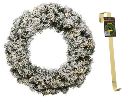 Decoris Groen/witte led kerstkrans 60 cm Imperial met kunstsneeuw en met gouden hanger - Kerstkransen