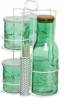 Decoris Groene karaf/sapkan/schenkkan 1 liter met 4 mason jars en rietjes - Drinkglazen