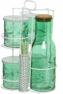 Decoris Groene karaf/sapkan/schenkkan 1 liter met 4 mason jars en rietjes