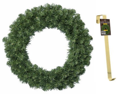 Decoris Groene kerstkrans / dennenkrans 60 cm met 200 takken kerstversiering en met gouden hanger - Kerstkransen