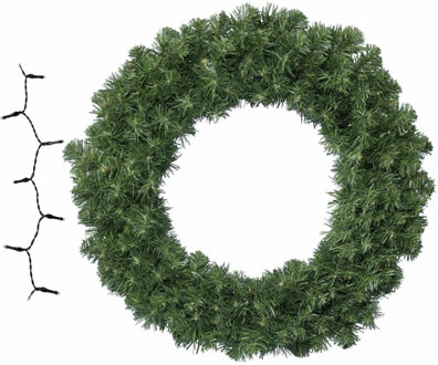 Decoris Groene kerstkrans/dennenkrans/deurkrans 50 cm inclusief helder witte verlichting