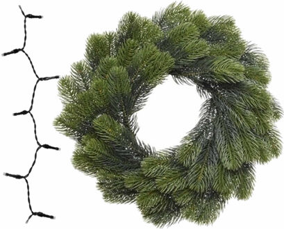 Decoris Groene kerstkrans/dennenkrans/deurkrans 50 cm inclusief warm witte verlichting - Kerstkransen