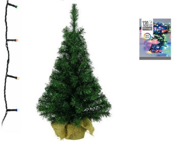 Decoris Groene kunst kerstboom 90 cm inclusief gekleurde kerstverlichting - Kunstkerstboom