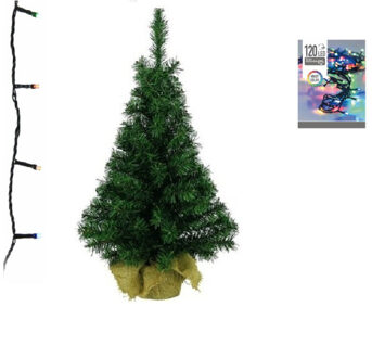 Decoris Groene kunst kerstboom 90 cm inclusief gekleurde kerstverlichting