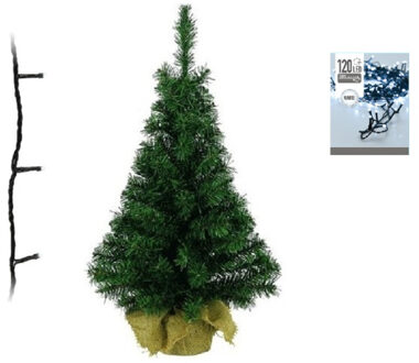 Decoris Groene kunst kerstboom 90 cm inclusief helder witte kerstverlichting - Kunstkerstboom