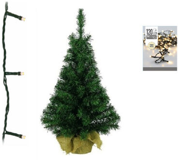 Decoris Groene kunst kerstboom 90 cm inclusief warm witte kerstverlichting