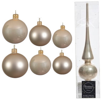 Decoris Groot pakket glazen kerstballen 50x champagne glans/mat 4-6-8 cm met piek glans - Kerstbal Champagnekleurig