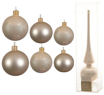 Decoris Groot pakket glazen kerstballen 50x champagne glans/mat 4-6-8 cm met piek mat - Kerstbal Champagnekleurig