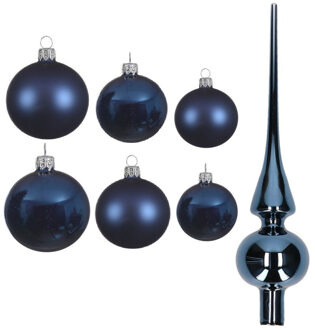 Decoris Groot pakket glazen kerstballen 50x donkerblauw glans/mat 4-6-8 cm met piek glans - Kerstbal