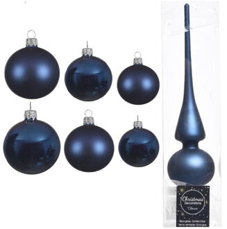 Decoris Groot pakket glazen kerstballen 50x donkerblauw glans/mat 4-6-8 cm met piek mat - Kerstbal