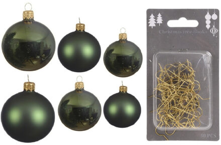 Decoris Groot pakket glazen kerstballen 50x donkergroen glans/mat 4-6-8 cm incl haakjes