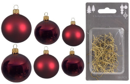 Decoris Groot pakket glazen kerstballen 50x donkerrood glans/mat 4-6-8 cm incl haakjes - Kerstbal