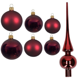 Decoris Groot pakket glazen kerstballen 50x donkerrood glans/mat 4-6-8 cm met piek glans - Kerstbal