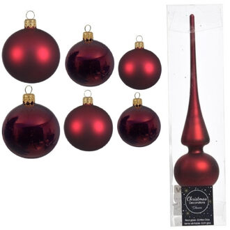 Decoris Groot pakket glazen kerstballen 50x donkerrood glans/mat 4-6-8 cm met piek mat - Kerstbal