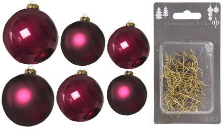 Decoris Groot pakket glazen kerstballen 50x framboos roze glans/mat 4-6-8 cm incl haakjes - Kerstbal