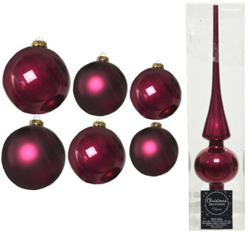 Decoris Groot pakket glazen kerstballen 50x framboos roze glans/mat 4-6-8 cm met piek glans - Kerstbal