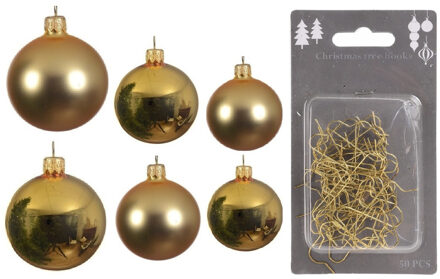 Decoris Groot pakket glazen kerstballen 50x goud glans/mat 4-6-8 cm incl haakjes - Kerstbal Goudkleurig