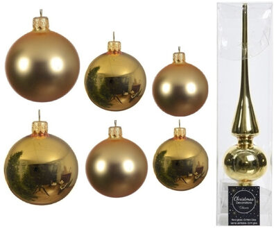 Decoris Groot pakket glazen kerstballen 50x goud glans/mat 4-6-8 cm met piek glans