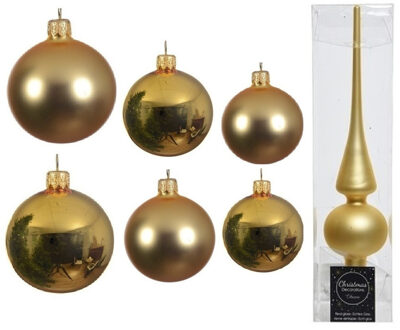 Decoris Groot pakket glazen kerstballen 50x goud glans/mat 4-6-8 cm met piek mat - Kerstbal Goudkleurig