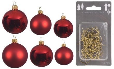 Decoris Groot pakket glazen kerstballen 50x kerstrood glans/mat 4-6-8 cm incl haakjes - Kerstbal