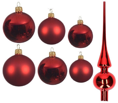 Decoris Groot pakket glazen kerstballen 50x kerstrood glans/mat 4-6-8 cm met piek glans - Kerstbal