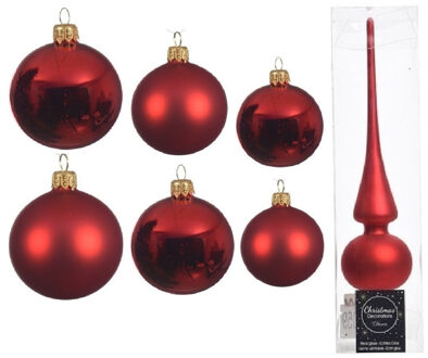 Decoris Groot pakket glazen kerstballen 50x kerstrood glans/mat 4-6-8 cm met piek mat - Kerstbal