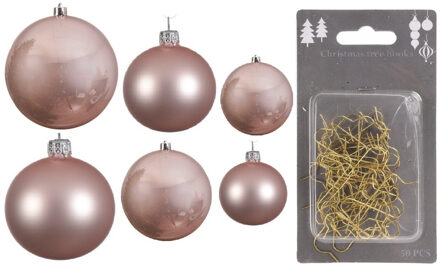 Decoris Groot pakket glazen kerstballen 50x lichtroze glans/mat 4-6-8 cm incl haakjes
