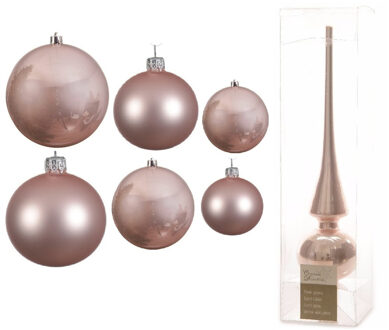 Decoris Groot pakket glazen kerstballen 50x lichtroze glans/mat 4-6-8 cm met piek glans - Kerstbal