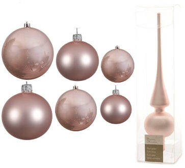 Decoris Groot pakket glazen kerstballen 50x lichtroze glans/mat 4-6-8 cm met piek mat
