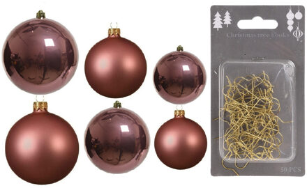 Decoris Groot pakket glazen kerstballen 50x oud roze glans/mat 4-6-8 cm incl haakjes - Kerstbal