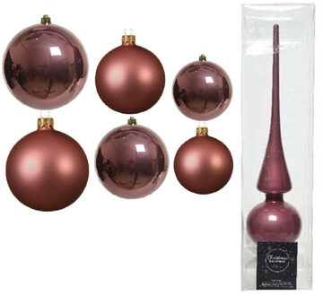 Decoris Groot pakket glazen kerstballen 50x oud roze glans/mat 4-6-8 cm met piek glans - Kerstbal