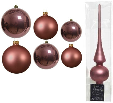 Decoris Groot pakket glazen kerstballen 50x oud roze glans/mat 4-6-8 cm met piek mat - Kerstbal