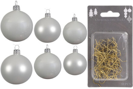 Decoris Groot pakket glazen kerstballen 50x winter wit glans/mat 4-6-8 cm incl haakjes - Kerstbal