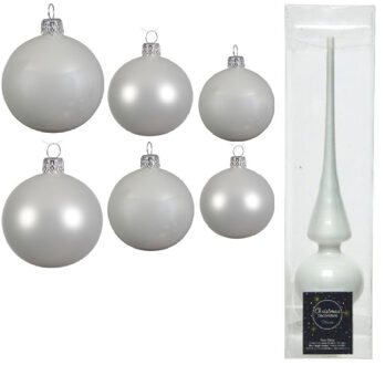 Decoris Groot pakket glazen kerstballen 50x winter wit glans/mat 4-6-8 cm met piek glans - Kerstbal