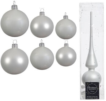 Decoris Groot pakket glazen kerstballen 50x winter wit glans/mat 4-6-8 cm met piek mat - Kerstbal