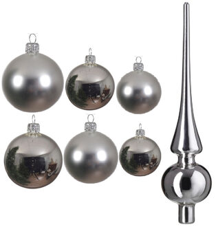 Decoris Groot pakket glazen kerstballen 50x zilver glans/mat 4-6-8 cm met piek glans - Kerstbal Zilverkleurig