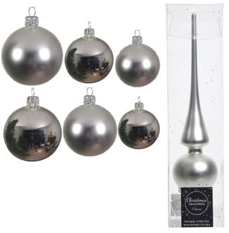 Decoris Groot pakket glazen kerstballen 50x zilver glans/mat 4-6-8 cm met piek mat - Kerstbal Zilverkleurig