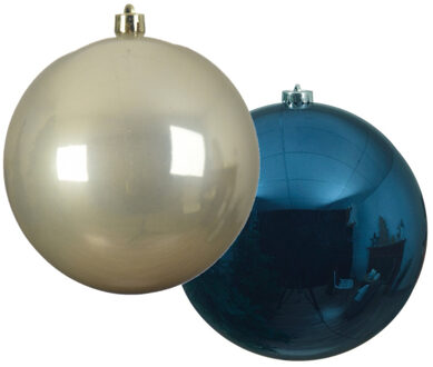 Decoris Grote decoratie kerstballen - 2x st - 14 cm - champagne en donkerblauw - kunststof