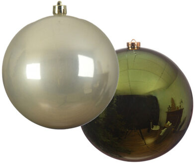 Decoris Grote decoratie kerstballen - 2x st - 14 cm - champagne en donkergroen - kunststof