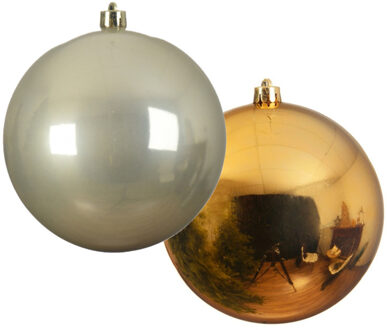 Decoris Grote decoratie kerstballen - 2x st - 14 cm - champagne en goud - kunststof
