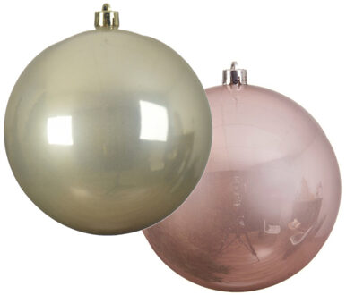 Decoris Grote decoratie kerstballen - 2x st - 14 cm - champagne en lichtroze - kunststof